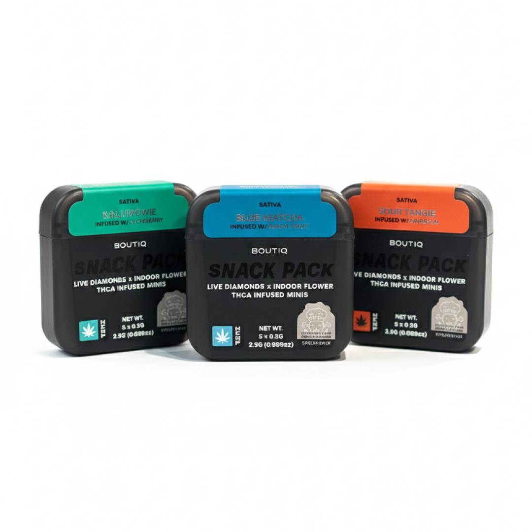 “BOUTIQ Diamond Infused Mini Pre-Rolls – hybrid strain orange label, THCa live diamond flower.”