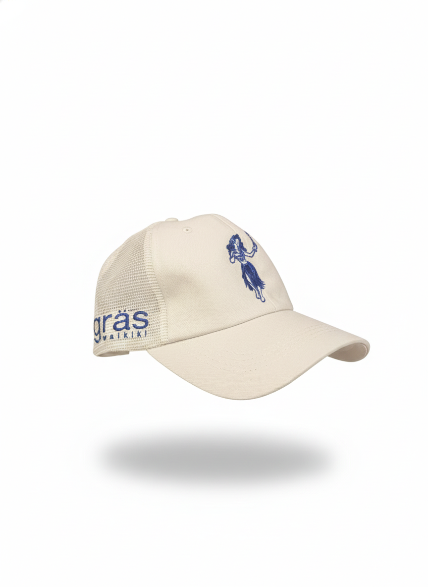 “Beige Gras Waikiki Hat — lightweight cotton adjustable cap with local logo embroidery”