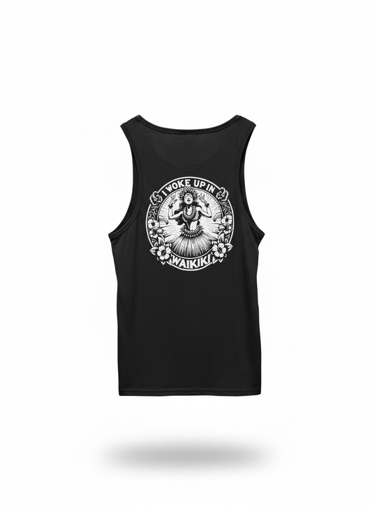 “Black Gras Waikiki Tank Top — unisex cotton tank with printed logo, lightweight and breathable”