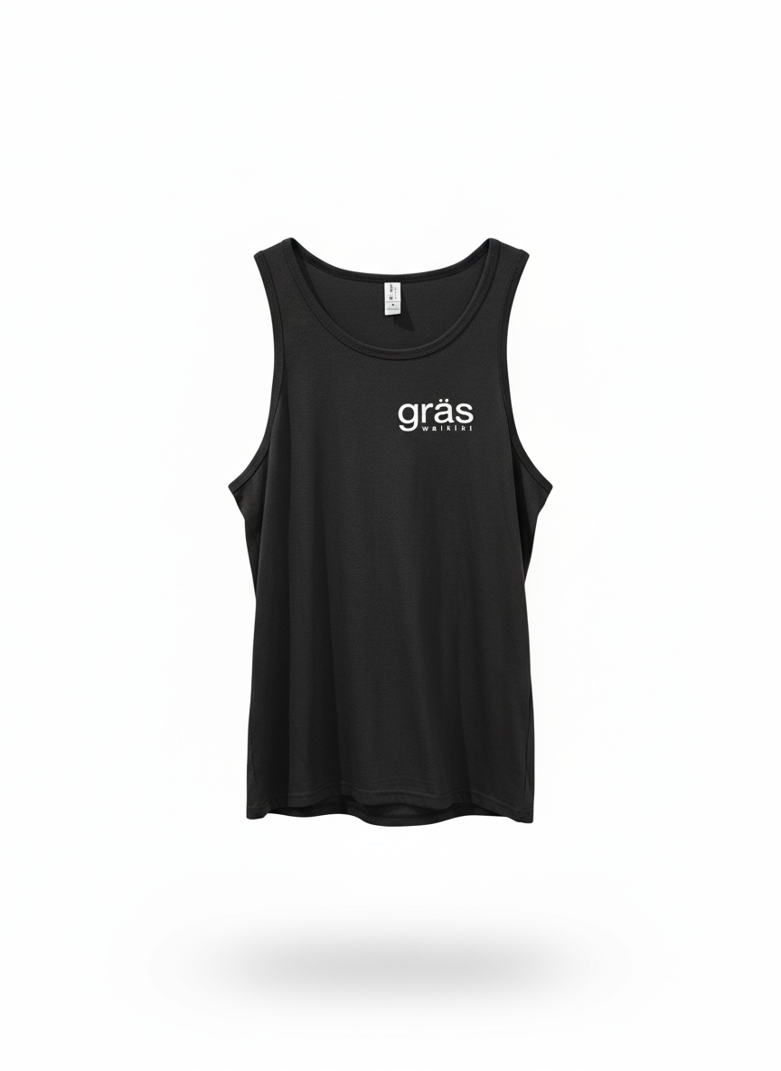 “Black Gras Waikiki Tank Top — unisex cotton tank with printed logo, lightweight and breathable”