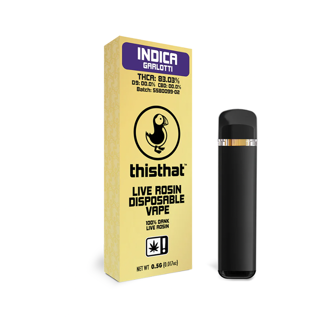 “Garlotti THCa Live Rosin Vape Pen by ThisThat — earthy hybrid strain, premium 1g disposable vape”