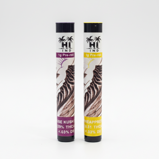 HI IND THCa Pre-Roll tubes — premium indoor-grown flower pre-rolls with colorful tropical packaging