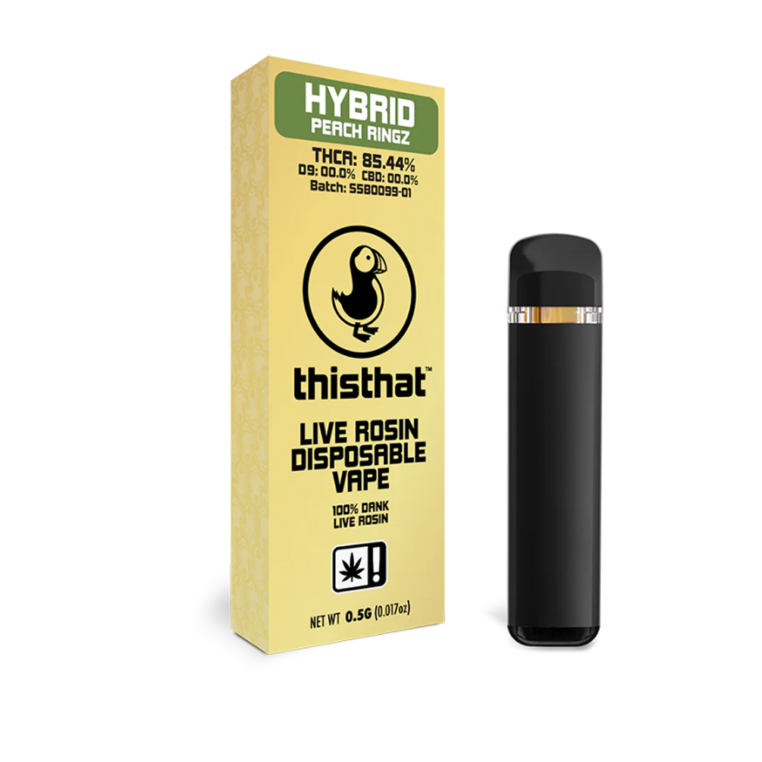 “Peach Ringz THCa Live Rosin Vape Pen by ThisThat — fruity hybrid disposable 1g cart”