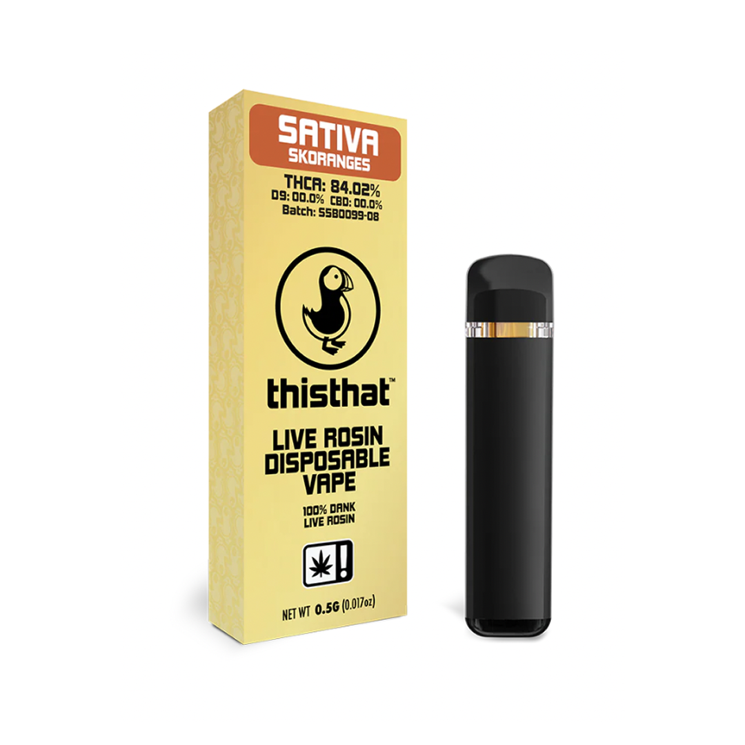 “Skoranges THCa Live Rosin Vape Pen by ThisThat — citrus-flavored hybrid 1g disposable vape”