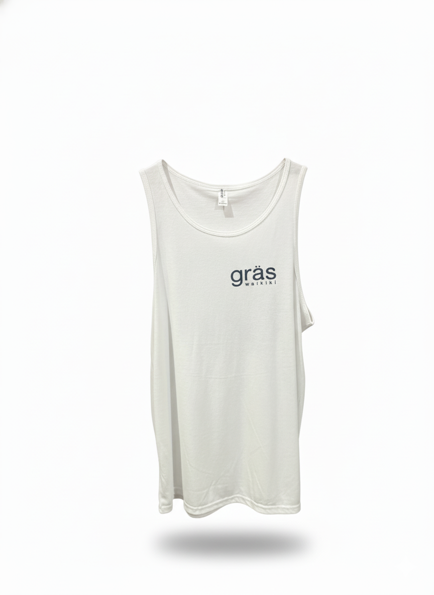 “White Gras Waikiki Tank Top — unisex cotton tank with printed logo, lightweight and breathable”
